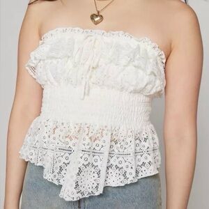 Kimchi Blue White Lace Strapless Peplum Crop Top